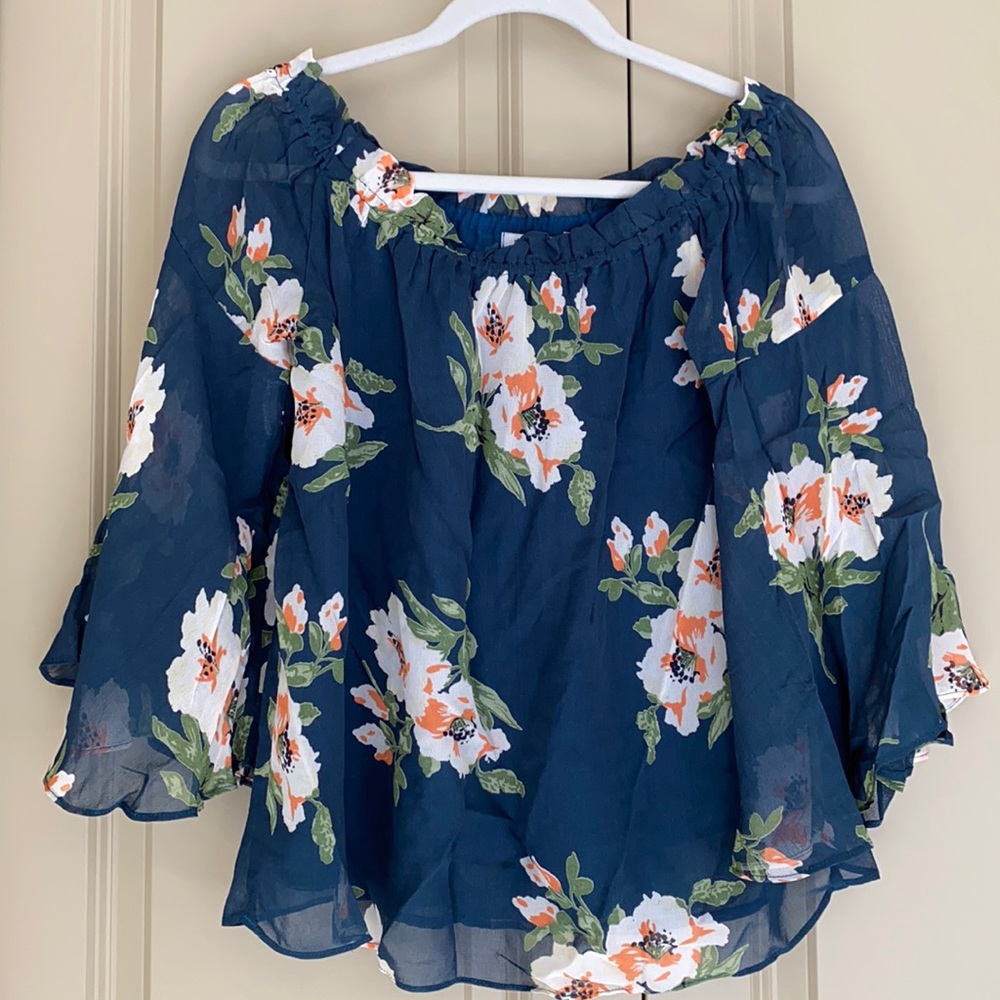 SOLD - Bloomingdales Red Haute Floral Off Shoulder Top